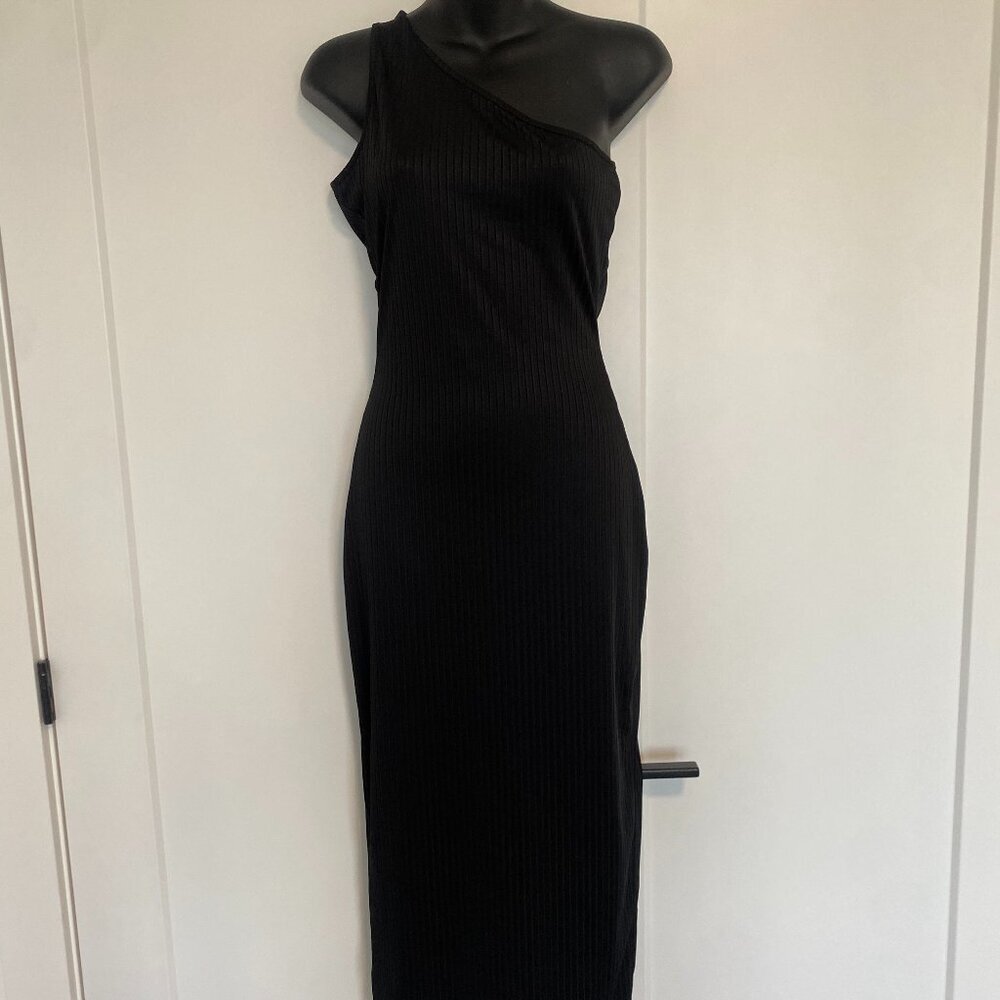 Ribbed Black One Shoulder Midi Dress Women's SIze Small